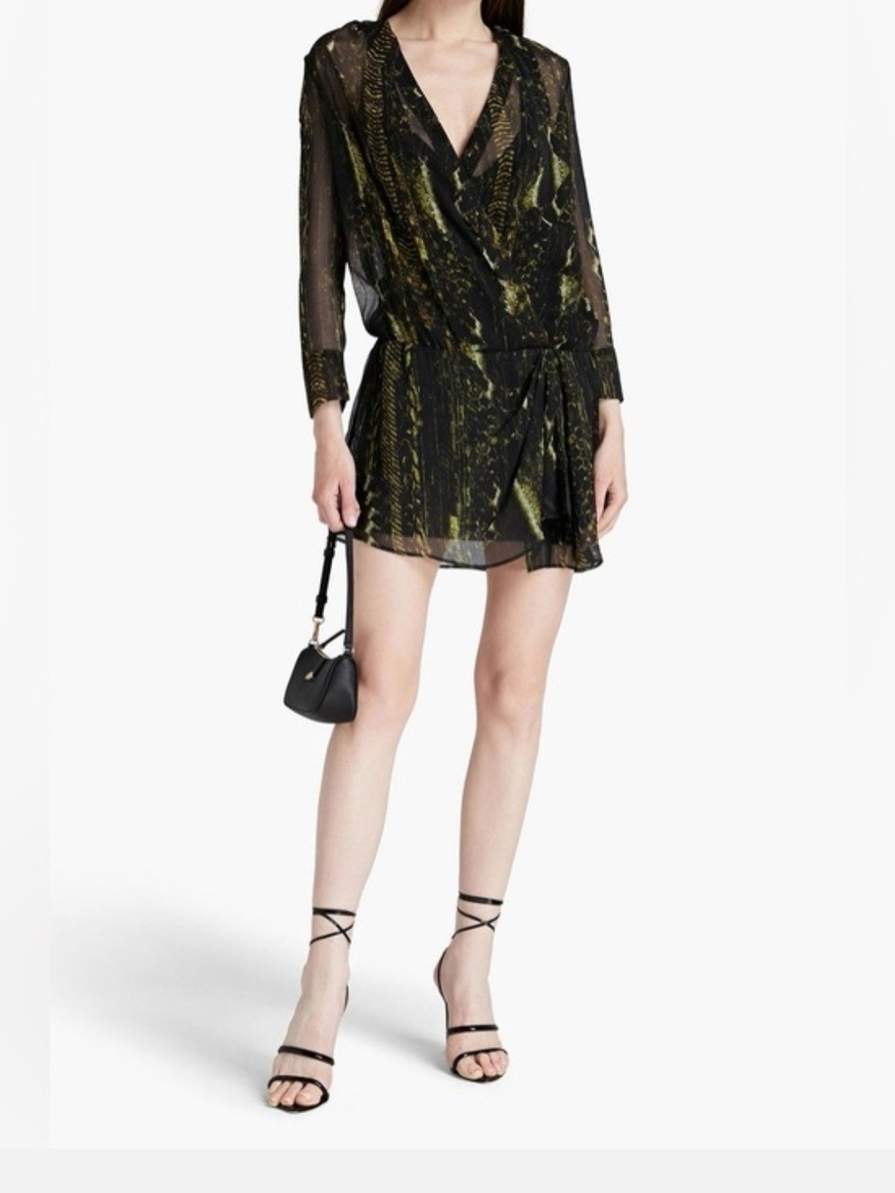 IRO Sheer Long-Sleeve Black & Olive Wrap Mini Dress (NWT)